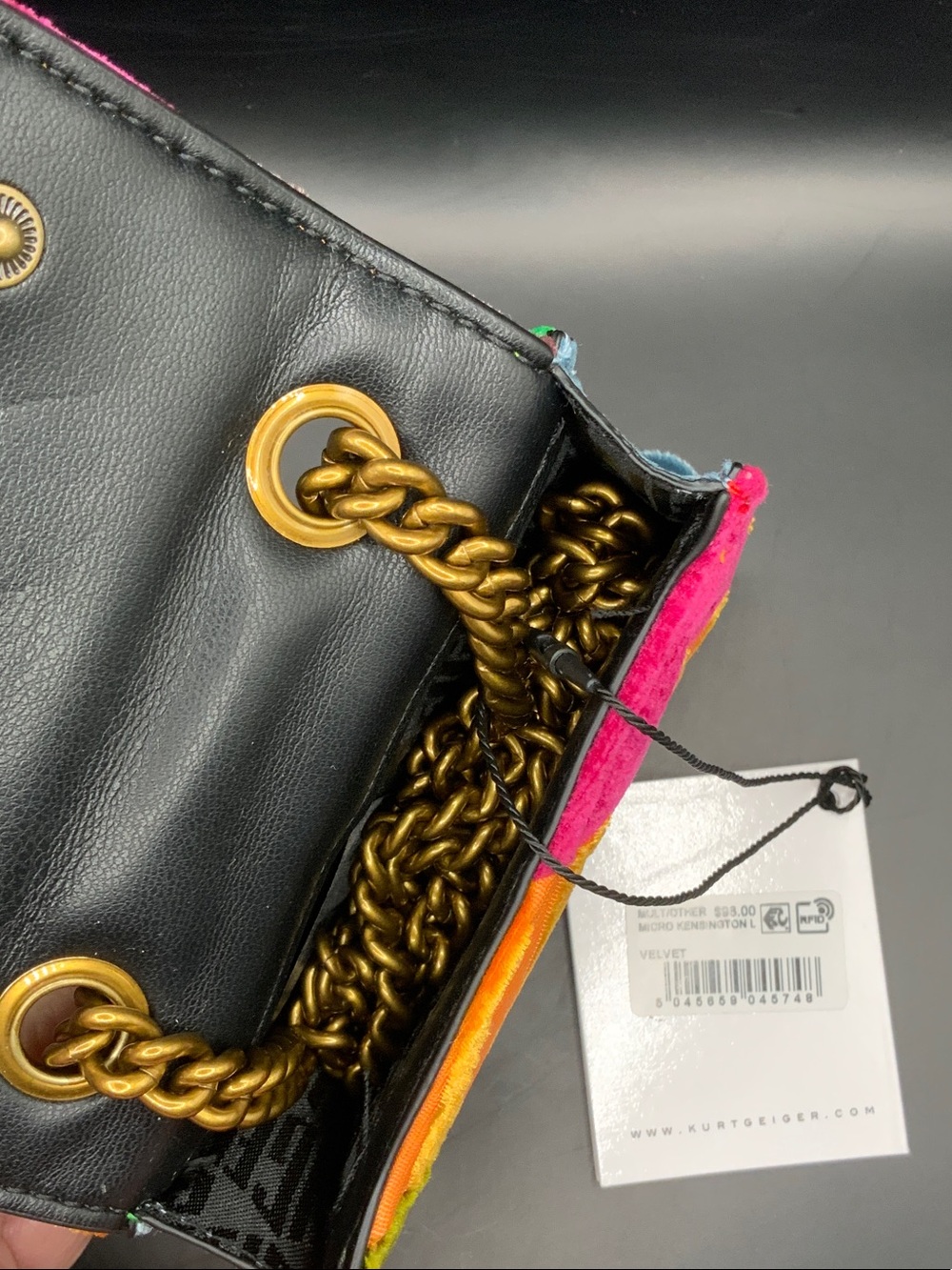 Kurt Geiger Pink Orange Green Velvet Chain Card Holder Shoulder Bag - Picture 4 of 8